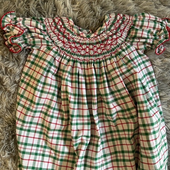 Baby Red White & Green Plaid Baby Romper Bubble Geometric Smocked Details - Picture 2 of 6